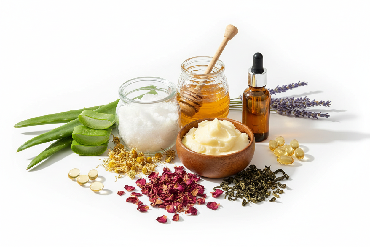Some natural products the industry use to made some facial creams, with white background